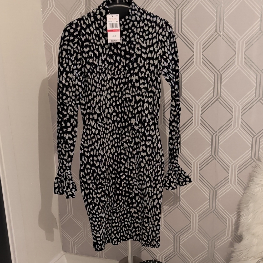 Michael Kors Black and White Long Sleeve Dress